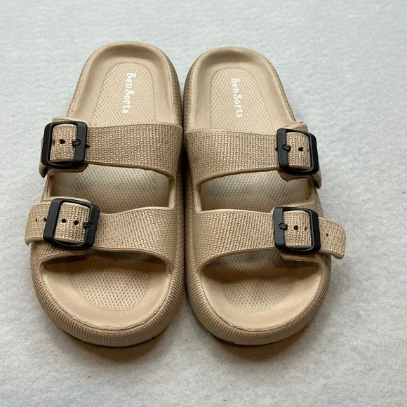 BenSorts Slide Sandals Double Buckle Beige Tan Size 40-41 Womens Comfort Slides - Picture 2 of 11